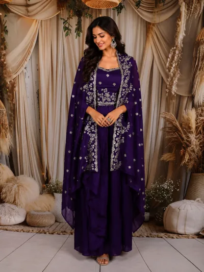 Deep Violet Floral Sequins and Zari Embroidered Design Satin Skirt Top With Over Coat